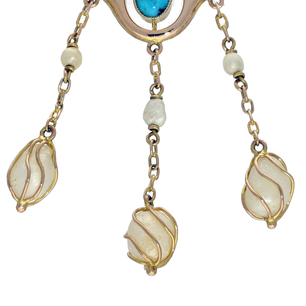 Antique Art Nouveau B.H Joseph Rose Gold, Turquoise & Pearl Pendant