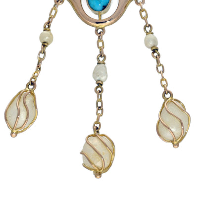 Antique Art Nouveau B.H Joseph Rose Gold, Turquoise & Pearl Pendant