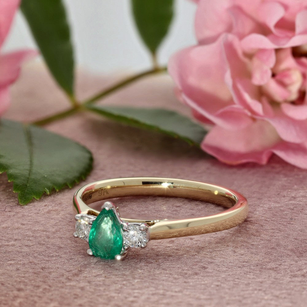 9ct Yellow Gold Pear Shape Emerald and Diamond Trilogy Ring