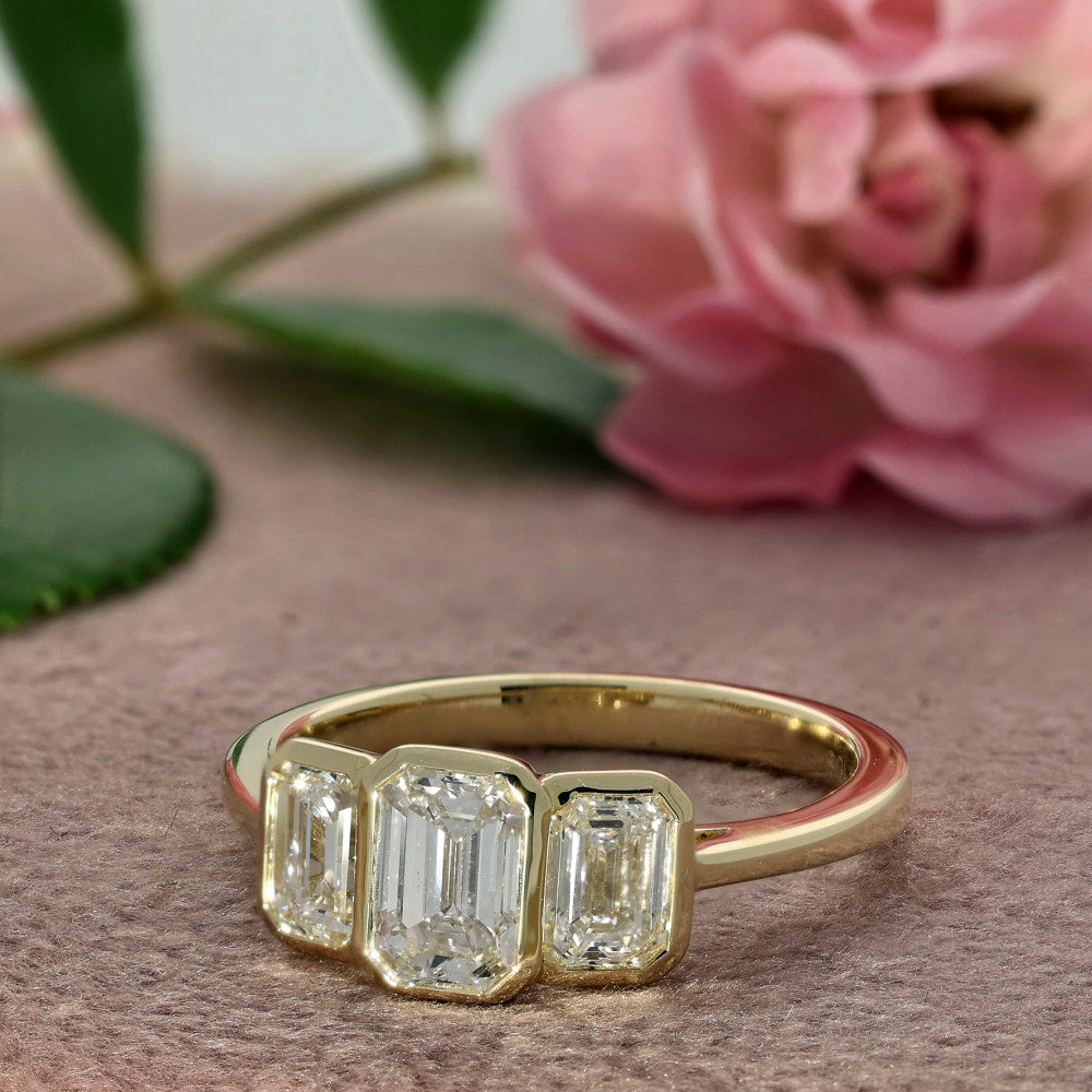 9ct Yellow Gold 1.50ct Laboratory-Grown Emerald Cut Diamond Trilogy Ring