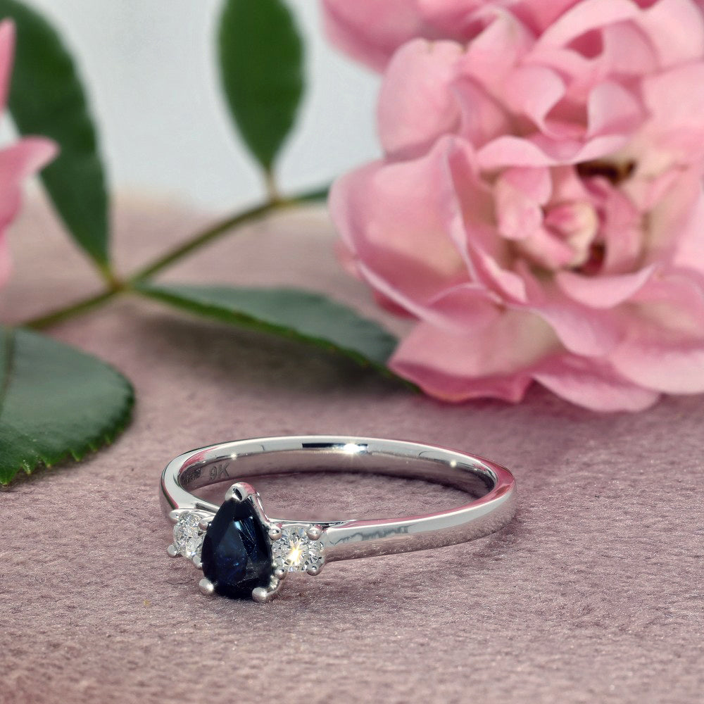9ct White Gold Pear Shape Sapphire and Diamond Trilogy Ring