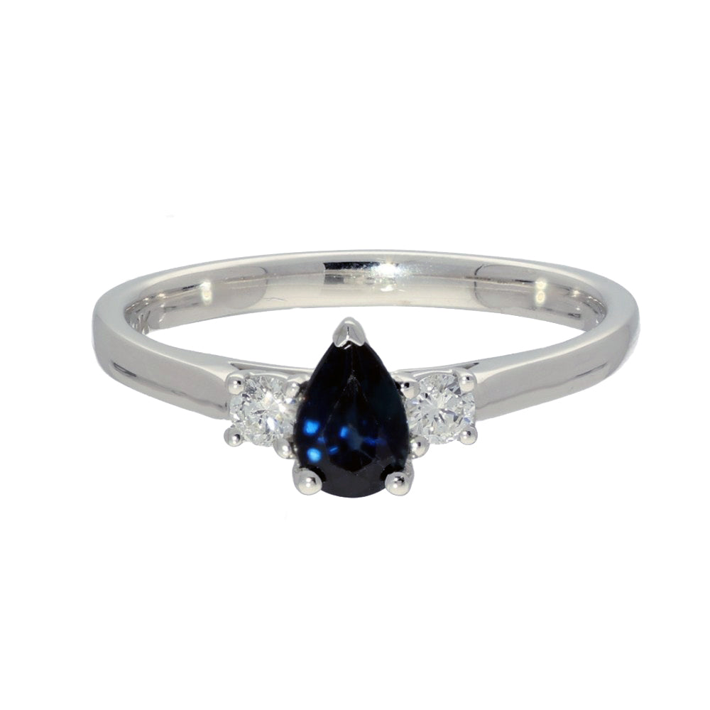 9ct White Gold Pear Shape Sapphire and Diamond Trilogy Ring