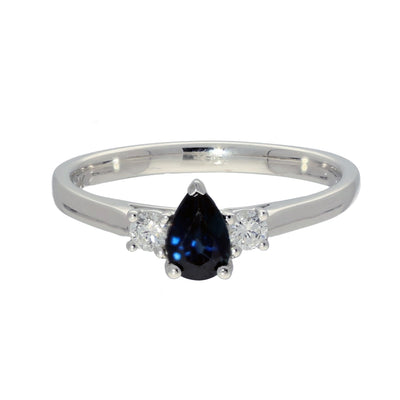 9ct White Gold Pear Shape Sapphire and Diamond Trilogy Ring