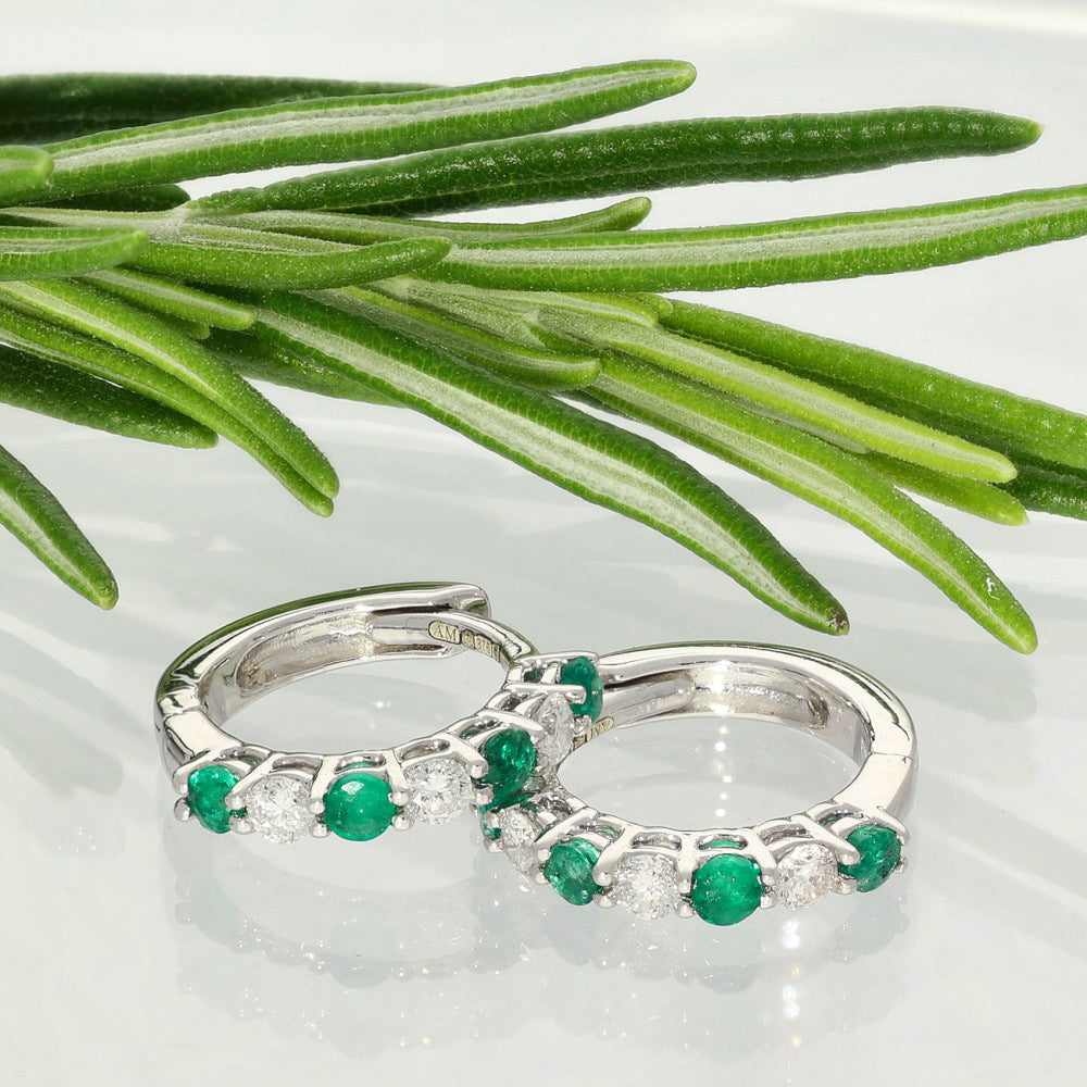 9ct White Gold Emerald & Diamond Small Hoop Earrings
