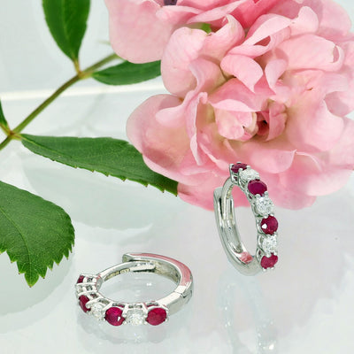 9ct White Gold Ruby & Diamond Small Hoop Earrings