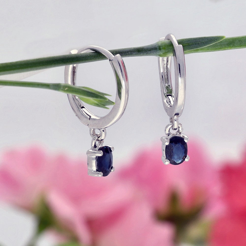 9ct White Gold Oval Sapphire Drop Huggie Hoop Earrings