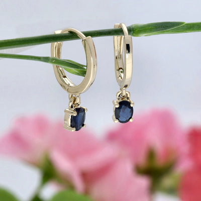 9ct Yellow Gold Oval Sapphire Drop Huggie Hoop Earrings
