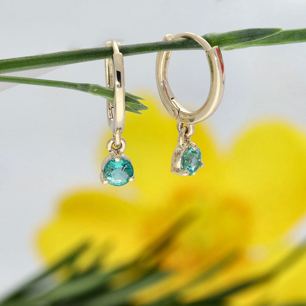 9ct Yellow Gold Round Emerald Drop Huggie Hoop Earrings