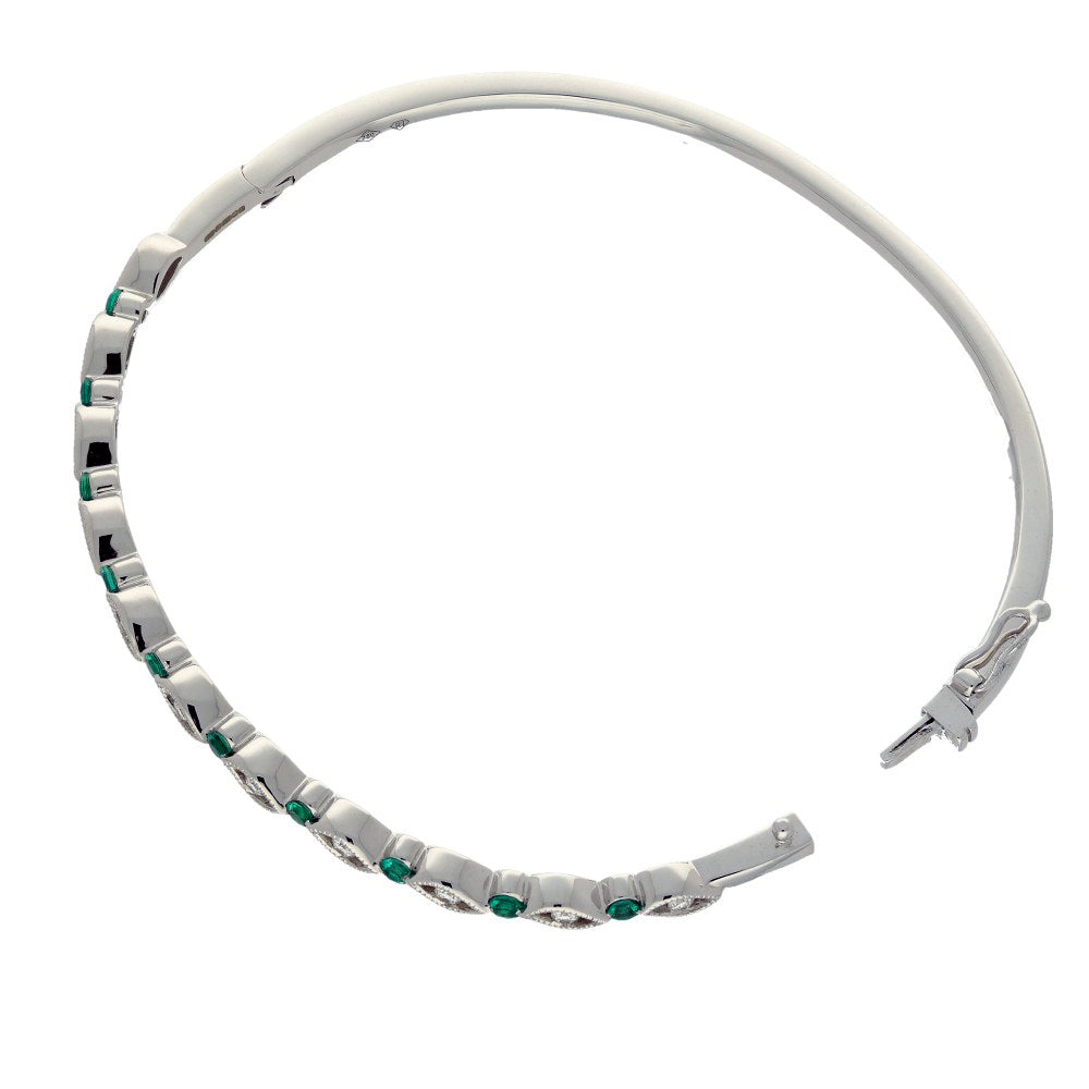 18ct White Gold Emerald and Diamond Milgrain Bangle