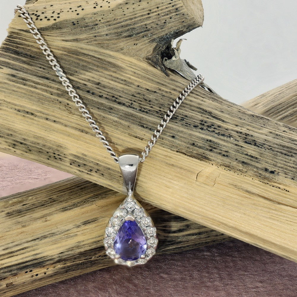 18ct White Gold Tanzanite & Diamond Teardrop Halo Pendant