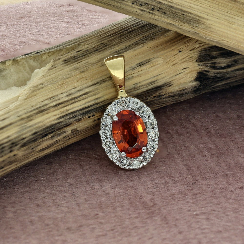 18ct Yellow Gold Oval Orange Sapphire & Diamond Halo Pendant