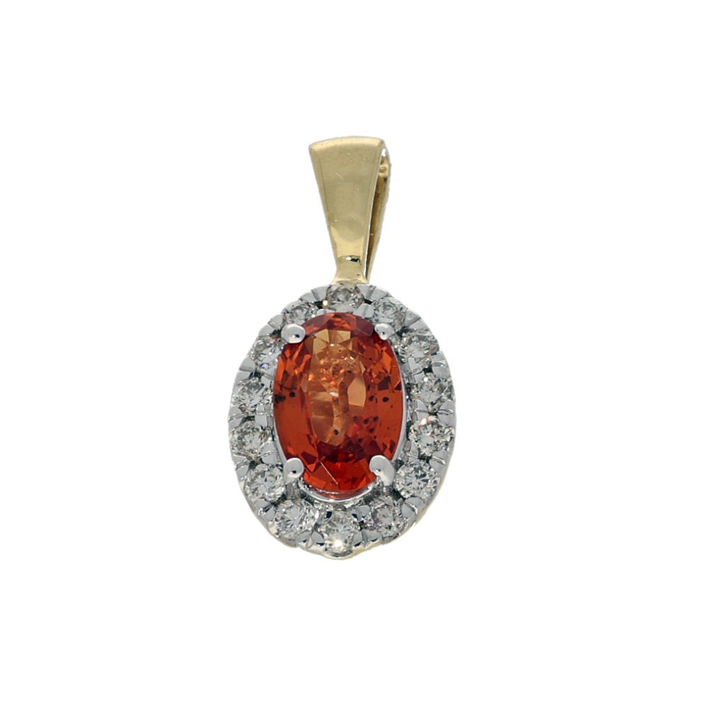 18ct Yellow Gold Oval Orange Sapphire & Diamond Halo Pendant