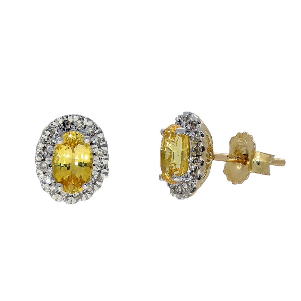 18ct Yellow Gold Oval Yellow Sapphire & Diamond Halo Cluster Studs Earrings