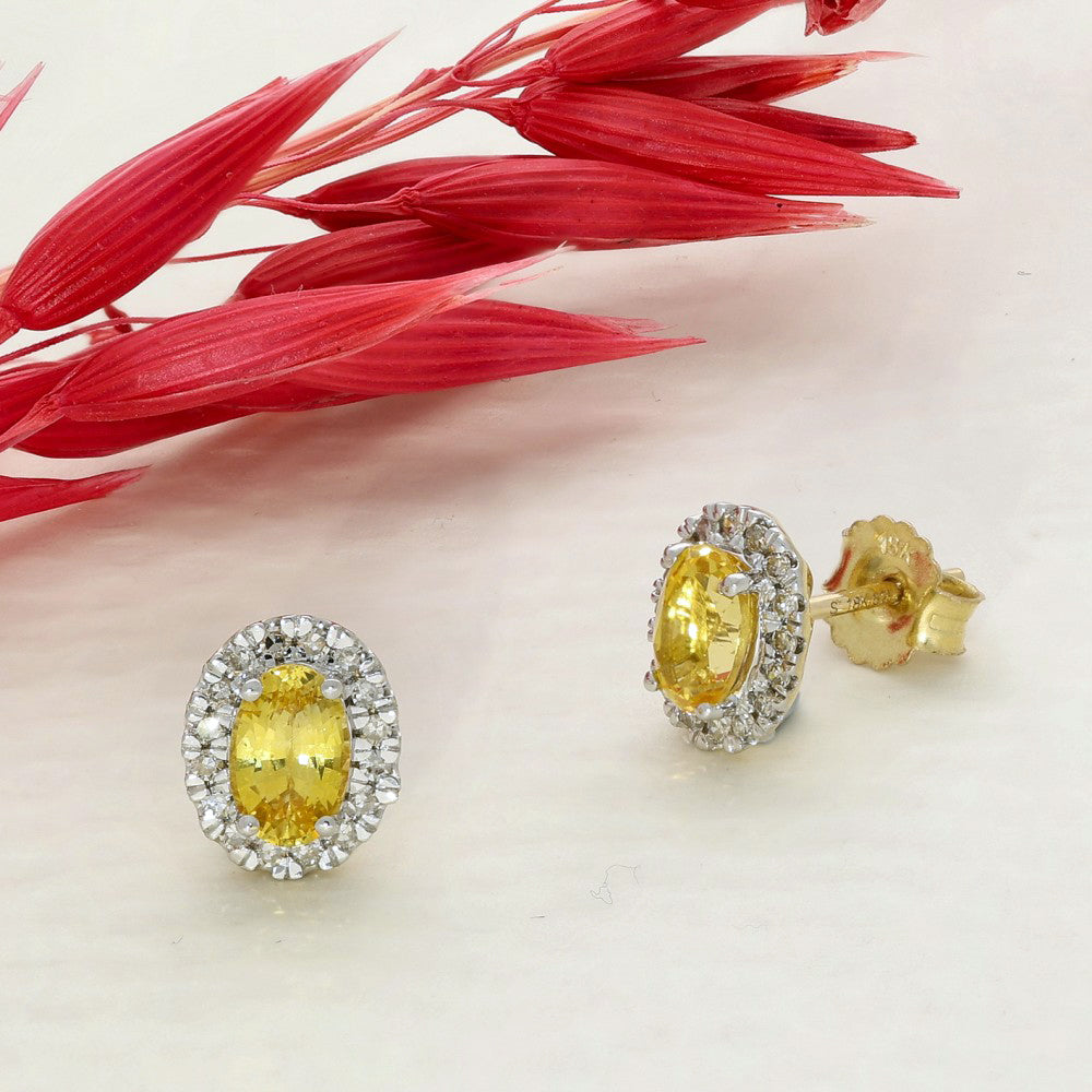18ct Yellow Gold Oval Yellow Sapphire & Diamond Halo Cluster Studs Earrings