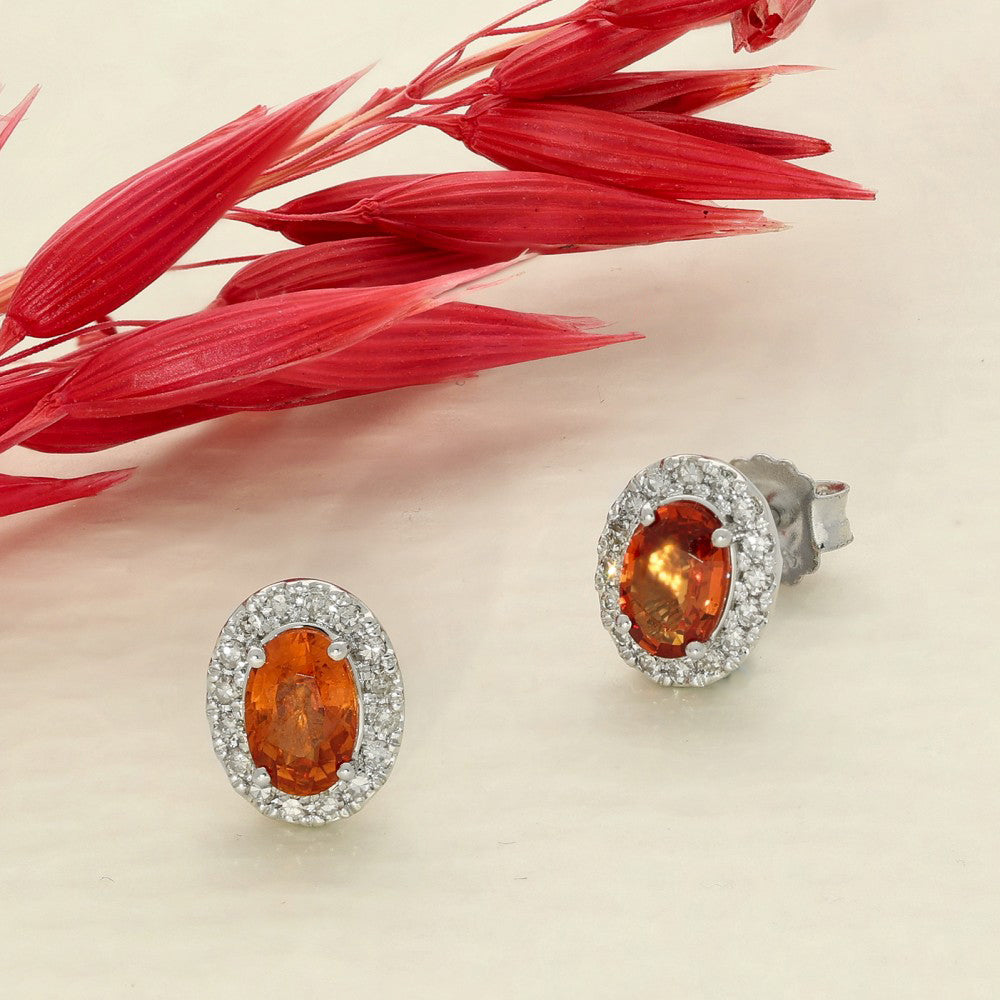18ct White Gold Oval Orange Sapphire & Diamond Halo Cluster Studs Earrings