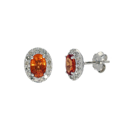 18ct White Gold Oval Orange Sapphire & Diamond Halo Cluster Studs Earrings