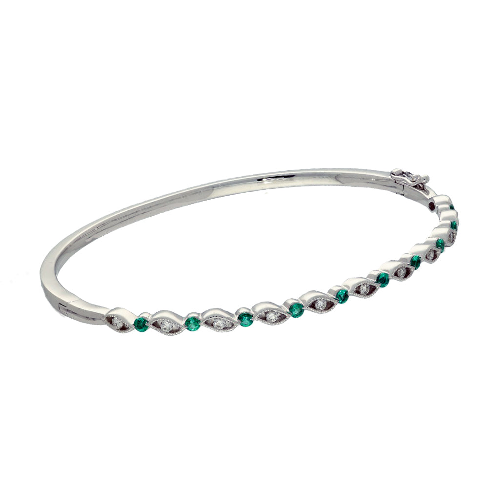18ct White Gold Emerald and Diamond Milgrain Bangle
