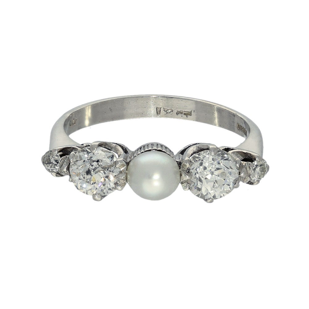 Vintage Palladium Old Cut Diamond & Pearl 5 Stone Ring