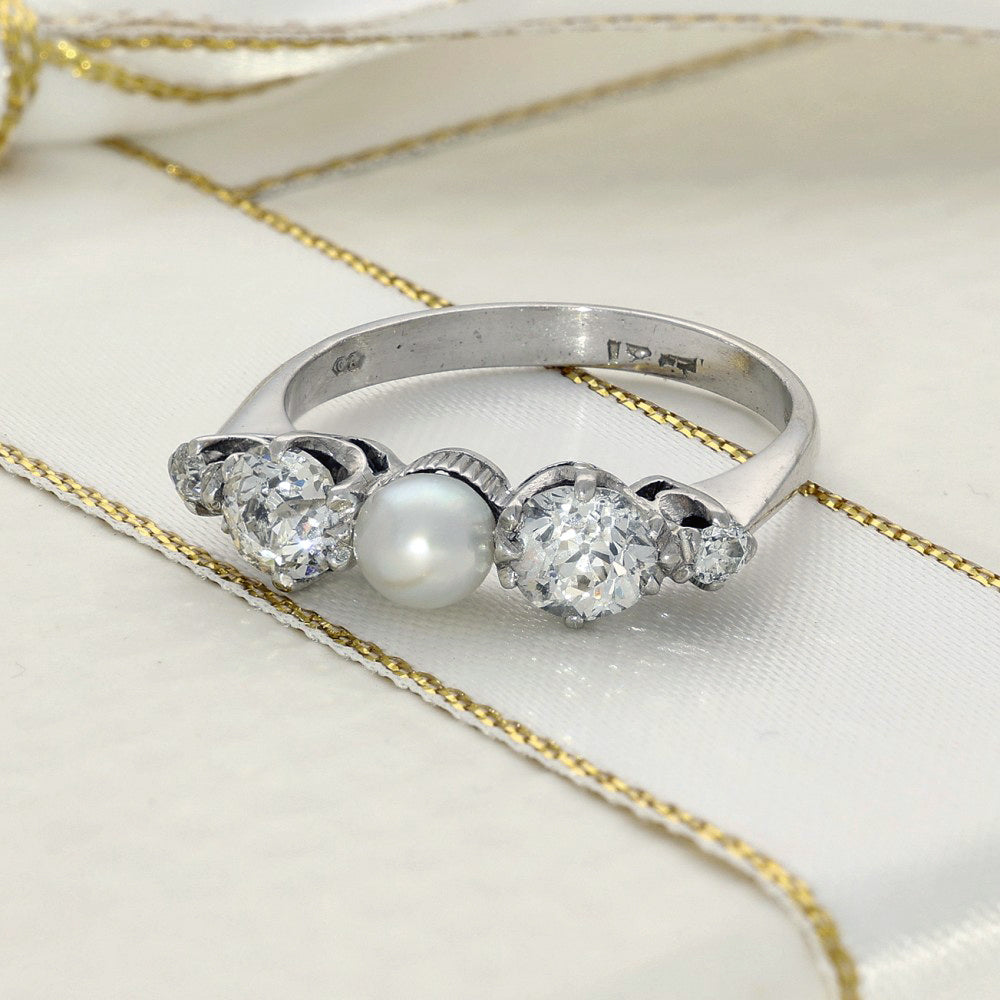 Vintage Palladium Old Cut Diamond & Pearl 5 Stone Ring