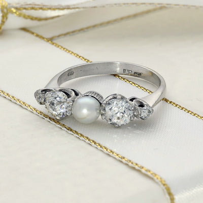 Vintage Palladium Old Cut Diamond & Pearl 5 Stone Ring