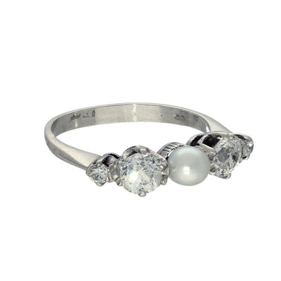 Vintage Palladium Old Cut Diamond & Pearl 5 Stone Ring