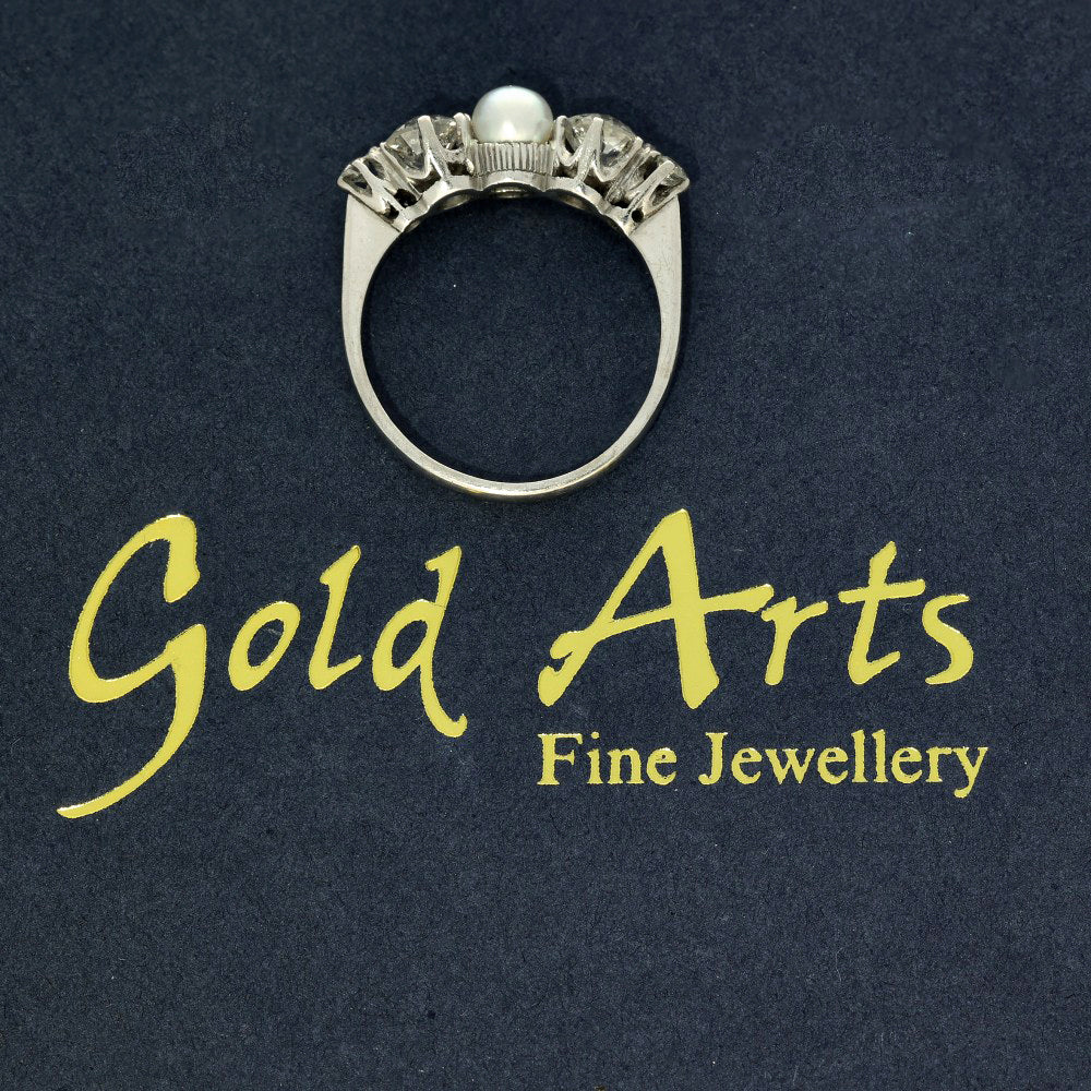 Vintage Palladium Old Cut Diamond & Pearl 5 Stone Ring