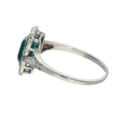 Vintage Platinum Emerald and Old Cut Diamond Halo Ring