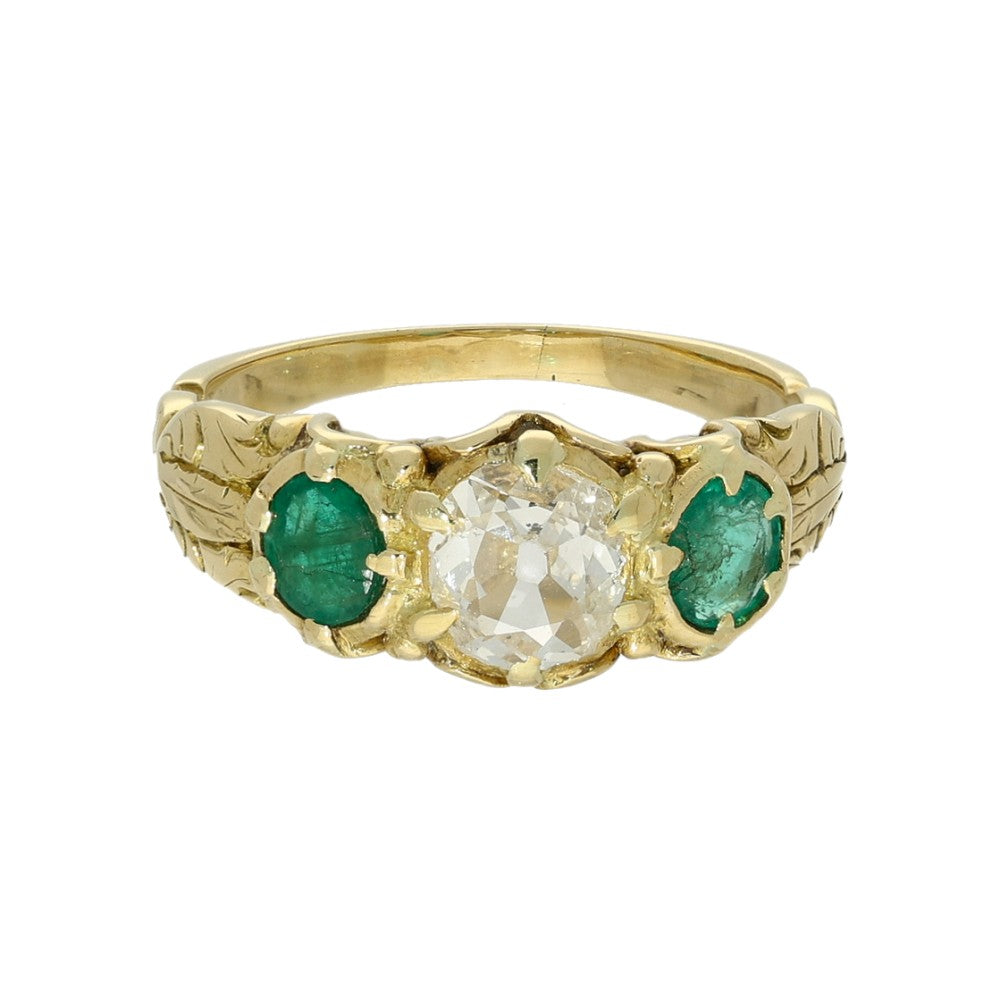 Vintage 18ct Yellow Gold Emerald and Old Cut Diamond Trilogy Ring