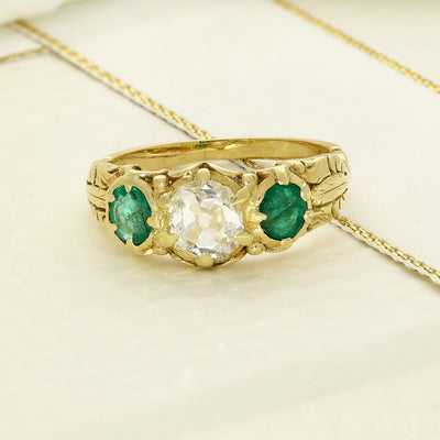 Vintage 18ct Yellow Gold Emerald and Old Cut Diamond Trilogy Ring