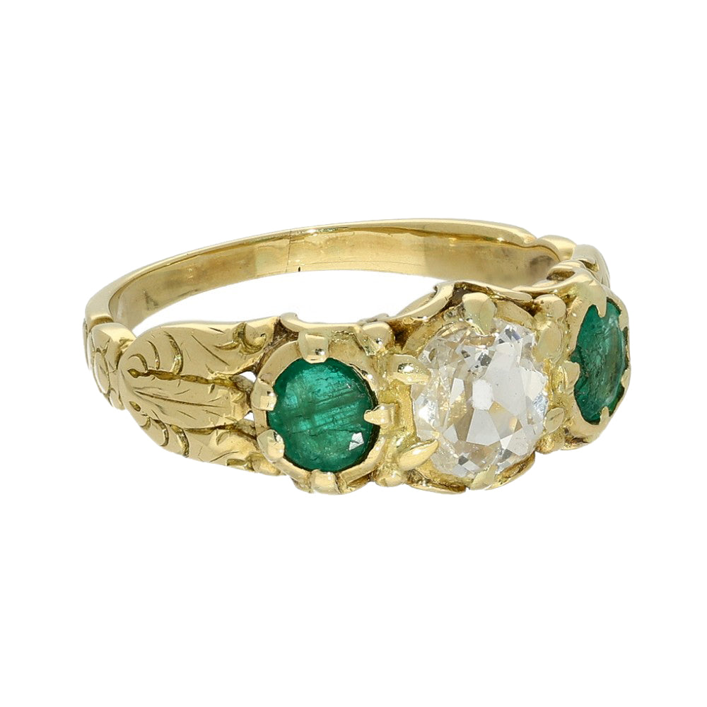 Vintage 18ct Yellow Gold Emerald and Old Cut Diamond Trilogy Ring