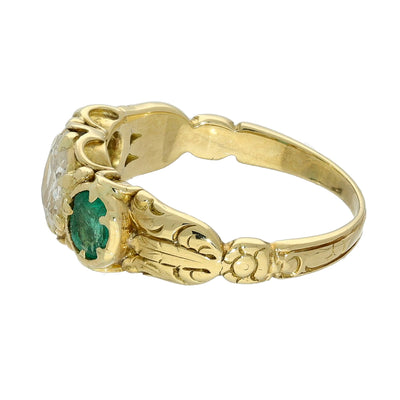 Vintage 18ct Yellow Gold Emerald and Old Cut Diamond Trilogy Ring