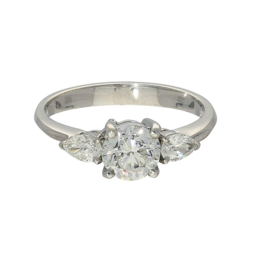 18ct White Gold Certificated 0.90ct Round Diamond with Pear Shape Diamonds Trilogy Ring
