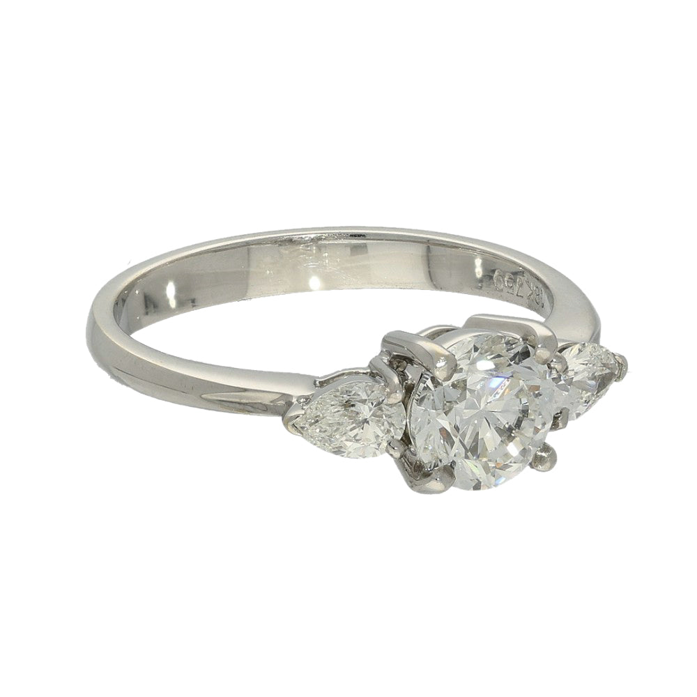 18ct White Gold Certificated 0.90ct Round Diamond with Pear Shape Diamonds Trilogy Ring
