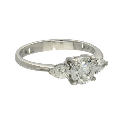 18ct White Gold Certificated 0.90ct Round Diamond with Pear Shape Diamonds Trilogy Ring