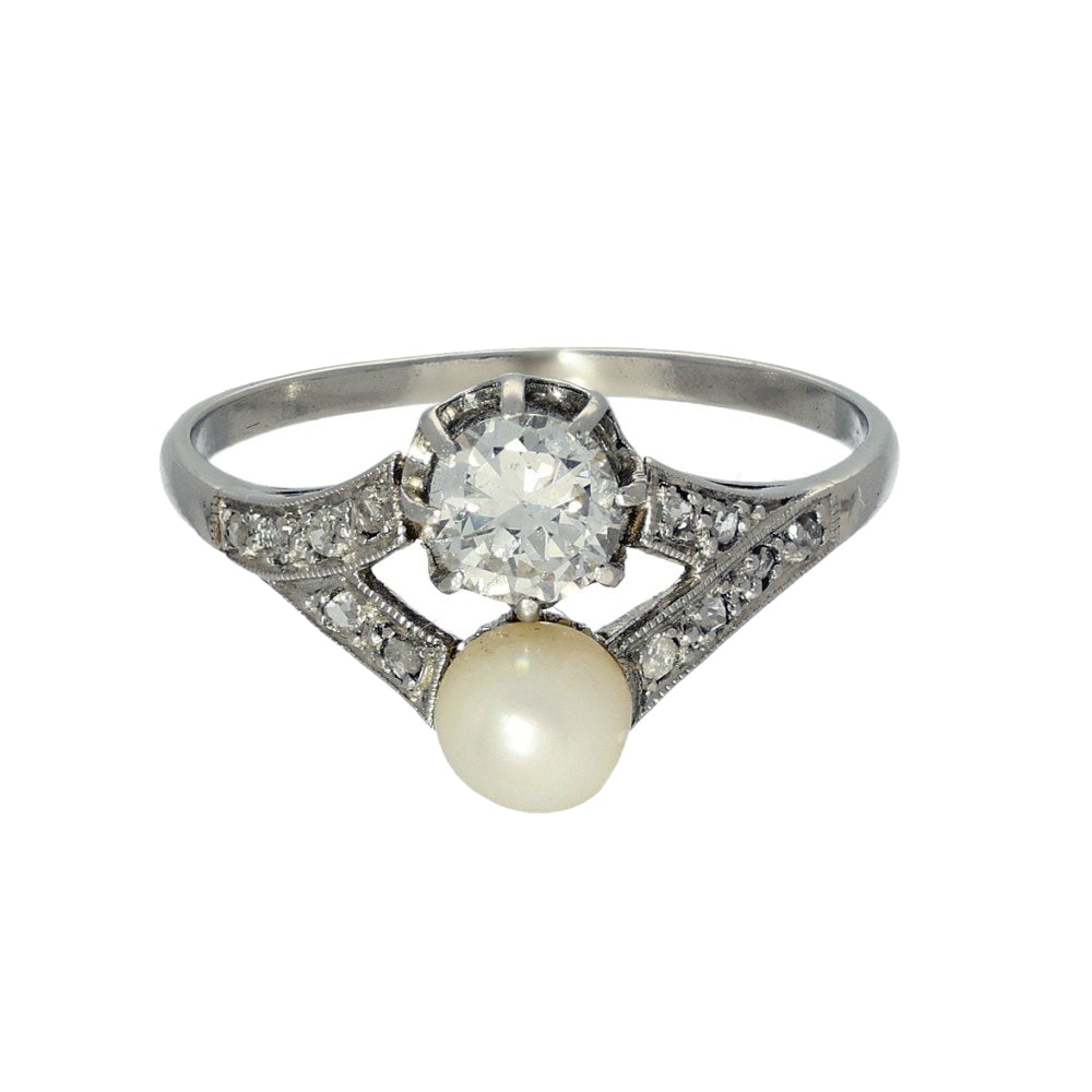 Vintage Platinum Toi et Moi Two Stone Diamond & Pearl Ring