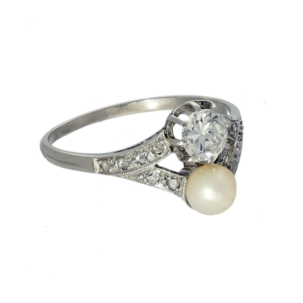 Vintage Platinum Toi et Moi Two Stone Diamond & Pearl Ring