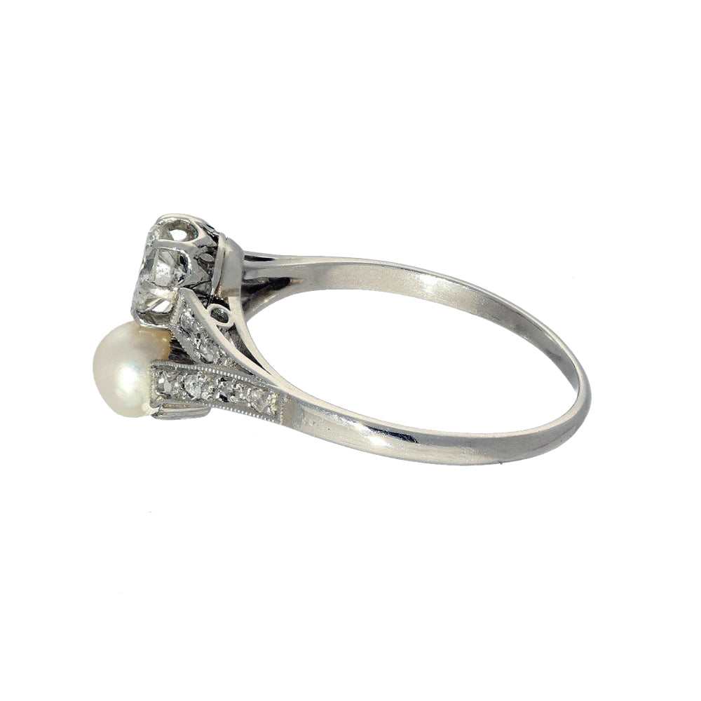 Vintage Platinum Toi et Moi Two Stone Diamond & Pearl Ring