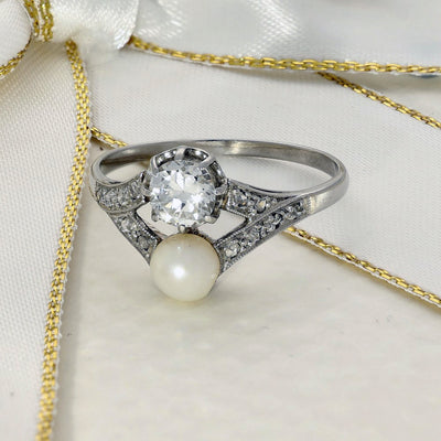 Vintage Platinum Toi et Moi Two Stone Diamond & Pearl Ring