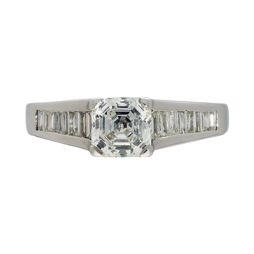 Pre-loved 18ct White Gold 1.25ct Asscher Cut Diamond Solitaire with Baguette Shoulders Ring