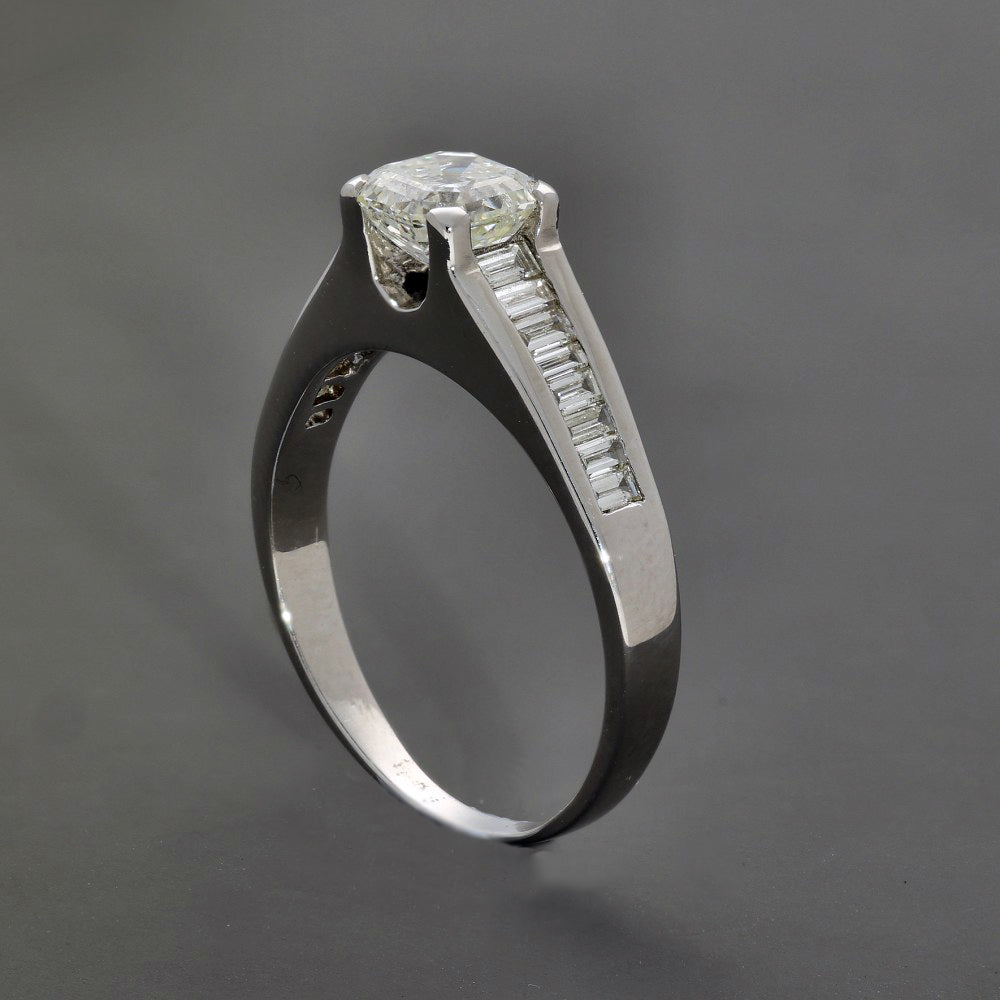 Pre-loved 18ct White Gold 1.25ct Asscher Cut Diamond Solitaire with Baguette Shoulders Ring