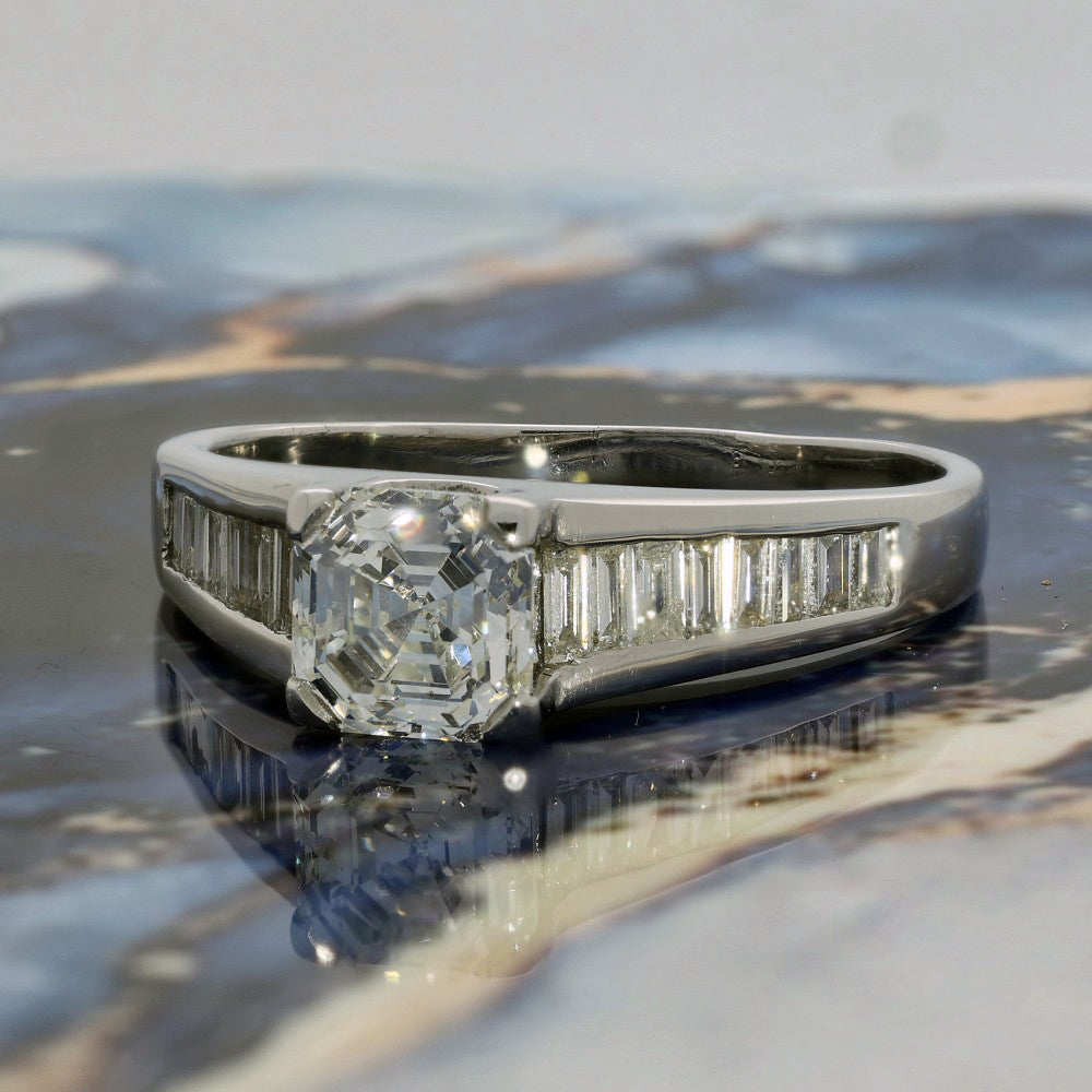 Pre-loved 18ct White Gold 1.25ct Asscher Cut Diamond Solitaire with Baguette Shoulders Ring