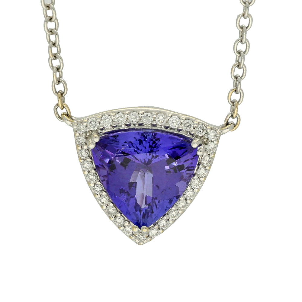 18ct White Gold Tanzanite and Diamond Triangular Necklace