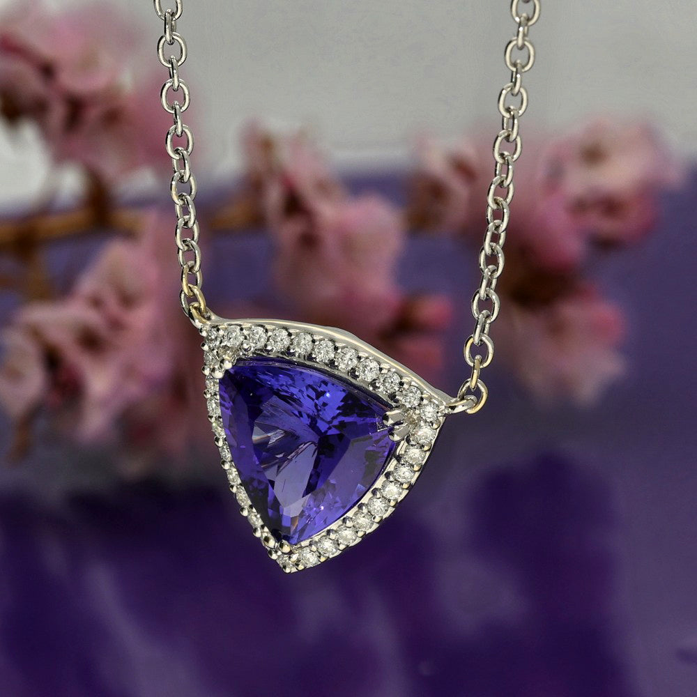 18ct White Gold Tanzanite and Diamond Triangular Necklace