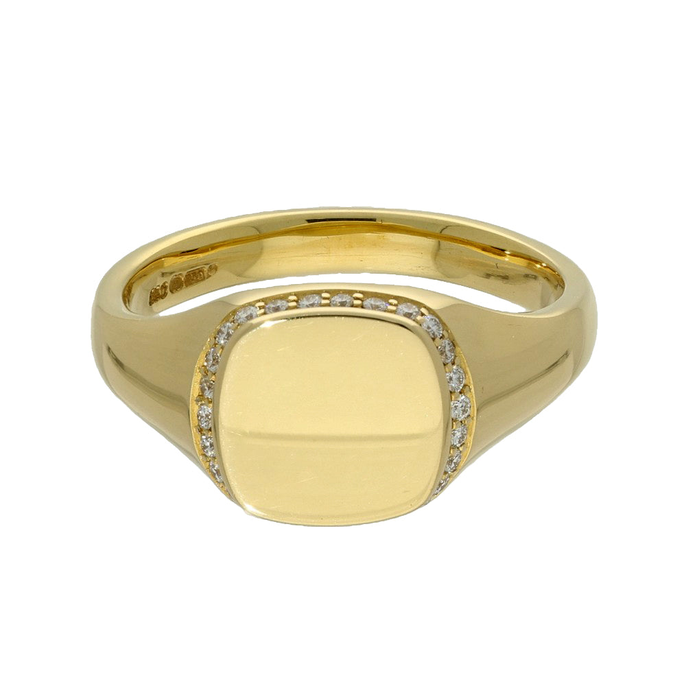 18ct Yellow Gold Small Signet Ring with Diamond Halo