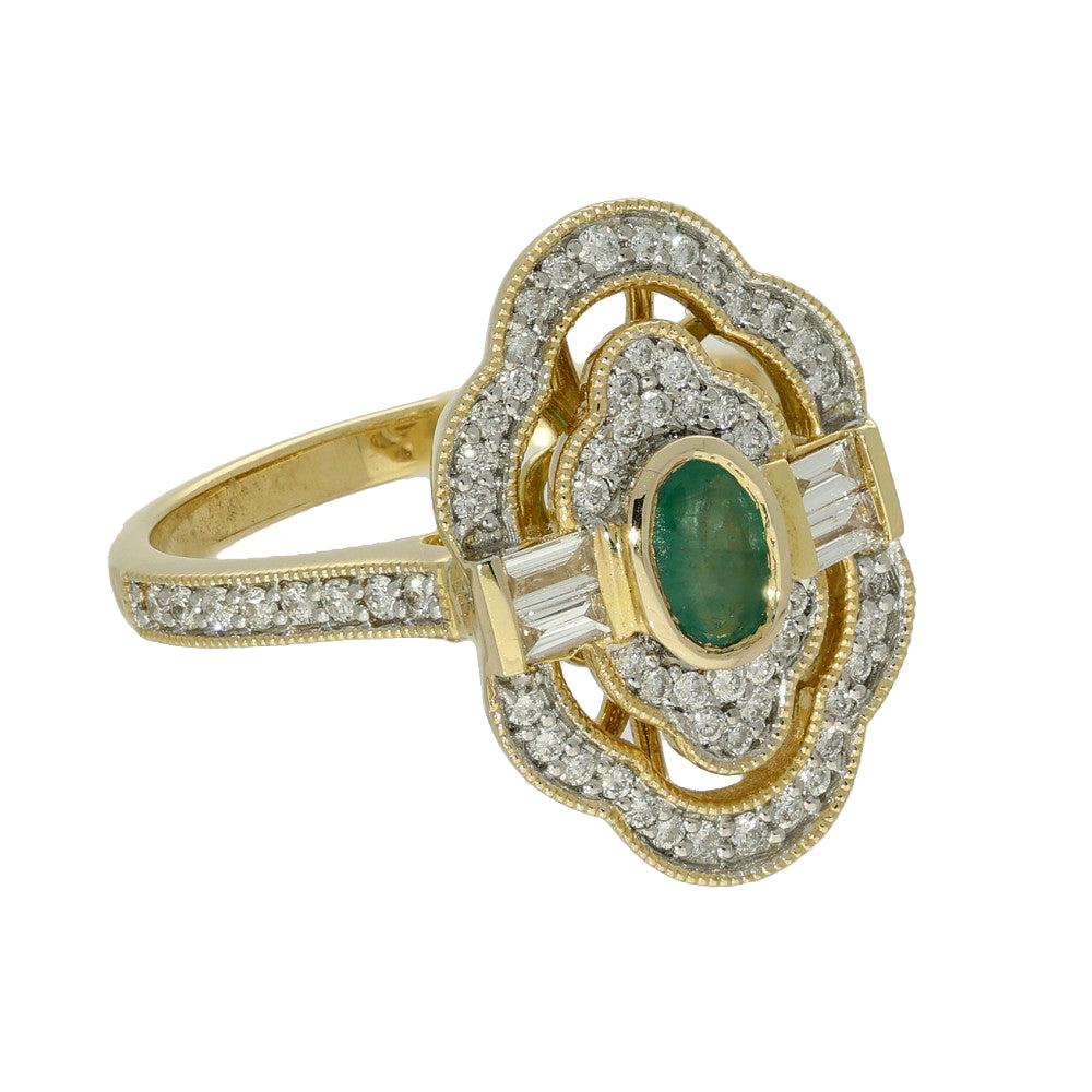 18ct Yellow Gold Emerald & Diamond Art Deco Style Ring