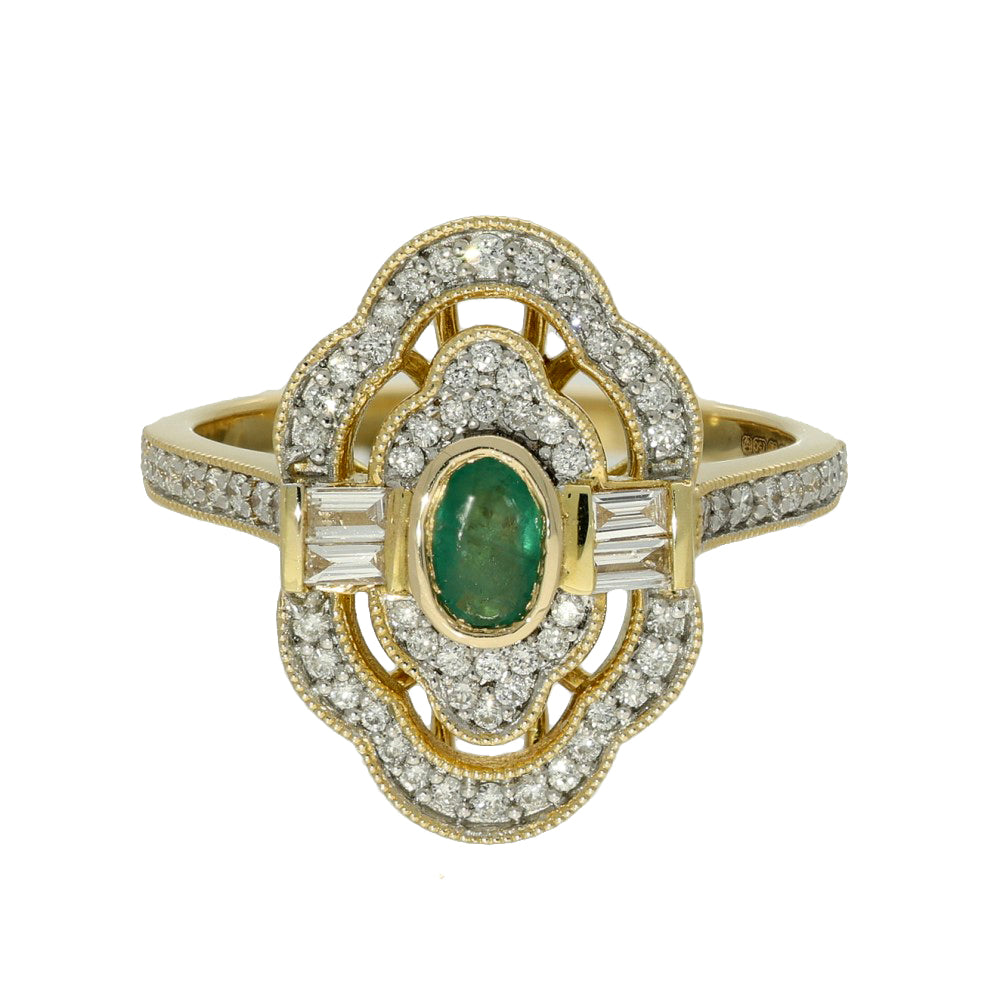 18ct Yellow Gold Emerald & Diamond Art Deco Style Ring