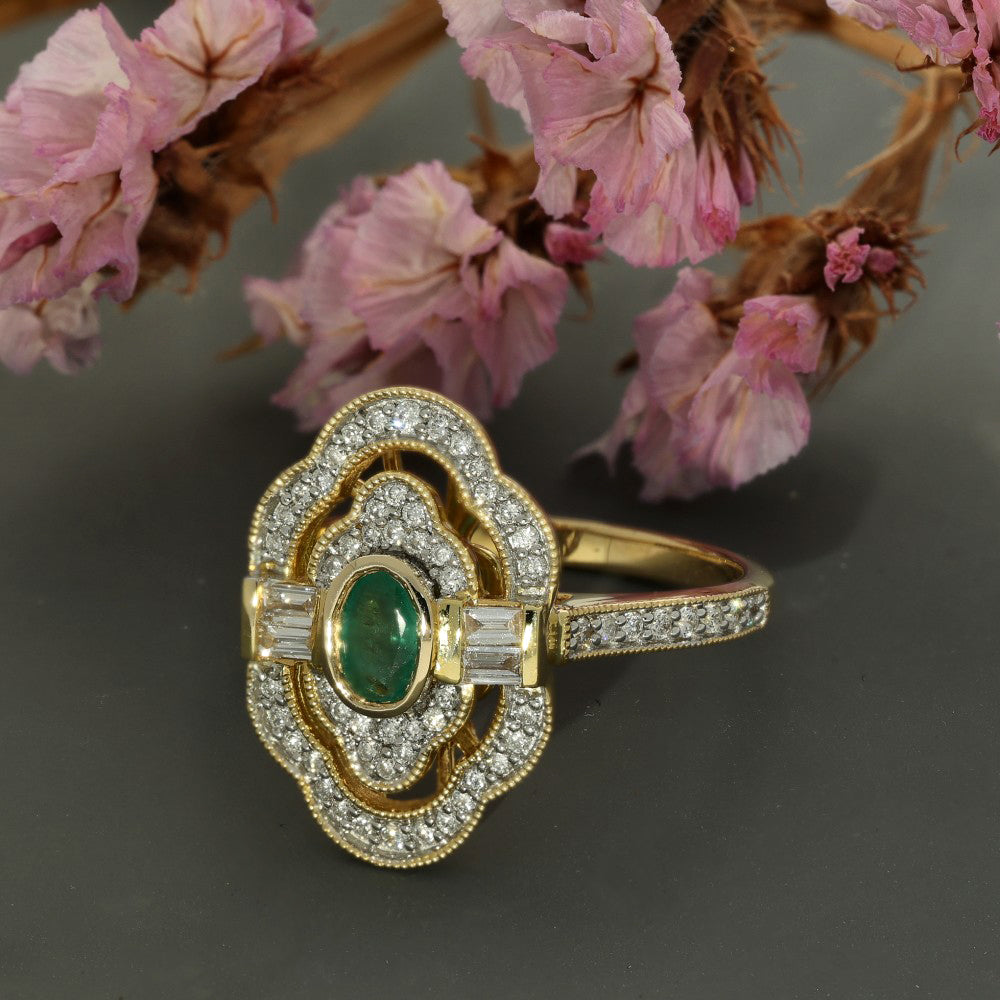 18ct Yellow Gold Emerald & Diamond Art Deco Style Ring