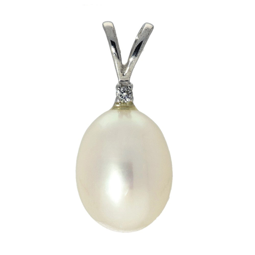 Teardrop Freshwater Pearl & Single Diamond 9ct White Gold Pendant