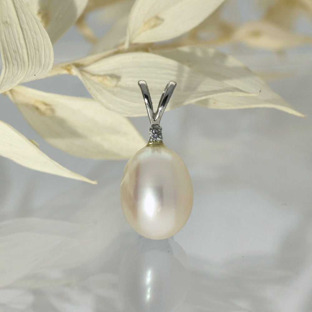 Teardrop Freshwater Pearl & Single Diamond 9ct White Gold Pendant