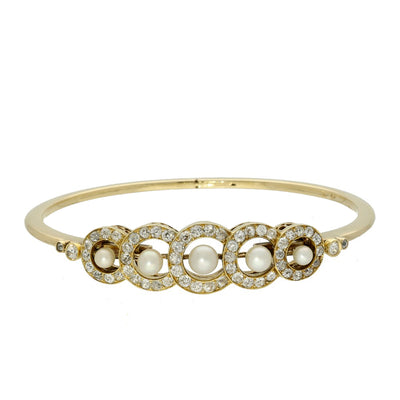 Antique 18ct Yellow Gold Old Cut Diamond & Seed Pearl Bangle Bracelet